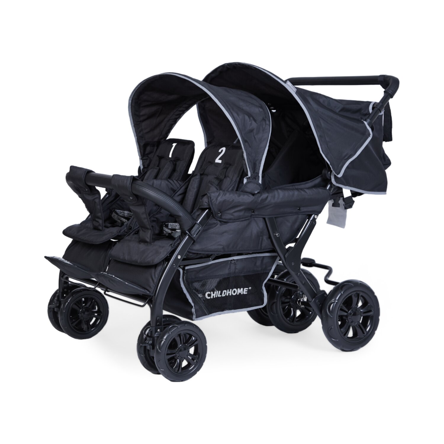 Quadruple Kinderwagen - 4 Kinder - Schwarz + Regenschutz + Sonnenschutz