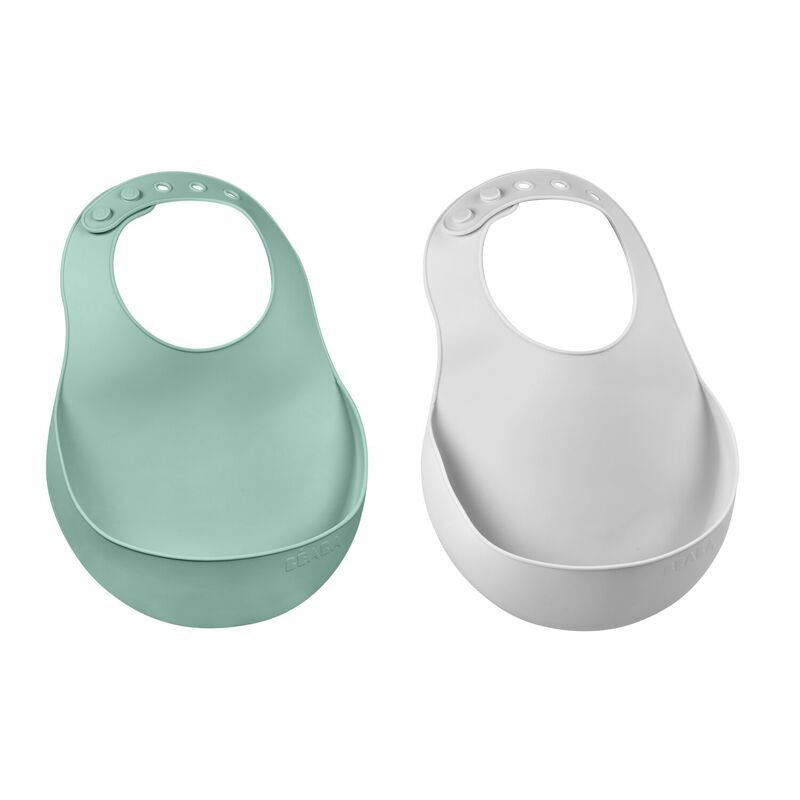 Lot de 2 bavoirs silicone Gris clair/Vert sauge (Béaba) - Image 2