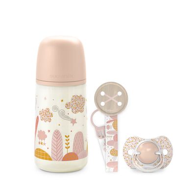 Coffret biberon + sucette + attache-sucette Dreams 0-6 mois Pink