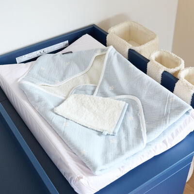 Cape De Bain + Gant - 80x80 Cm - Mousseline Fleur - Bleue