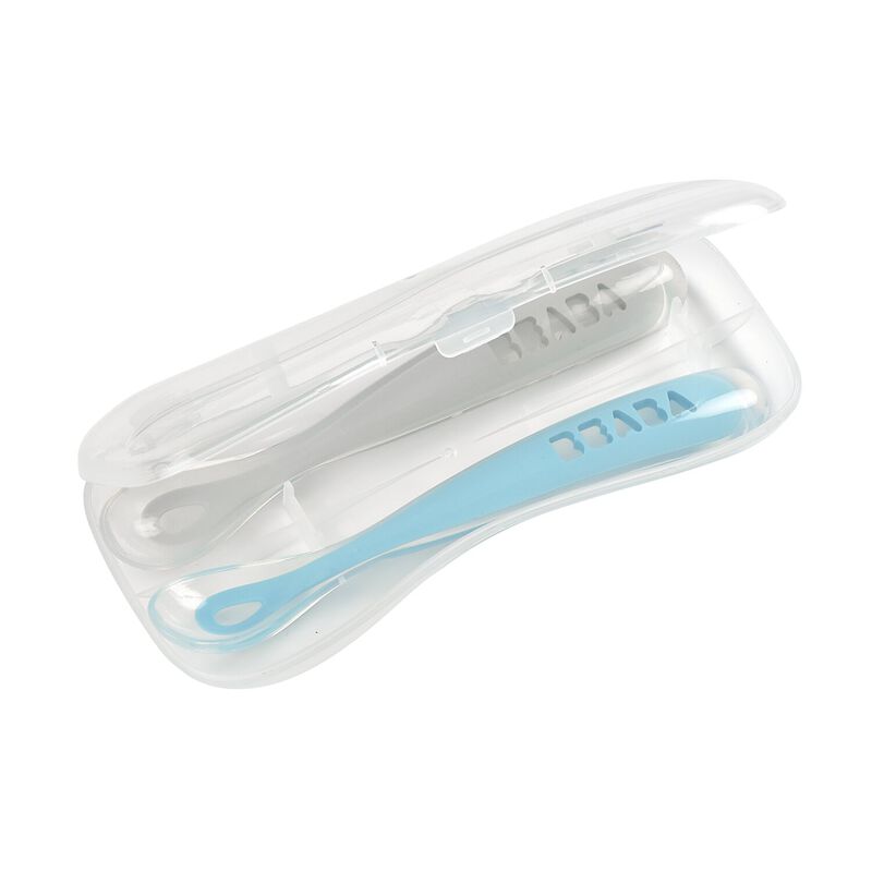 1st stage 2 silicone spoon set + carry box grey/blue