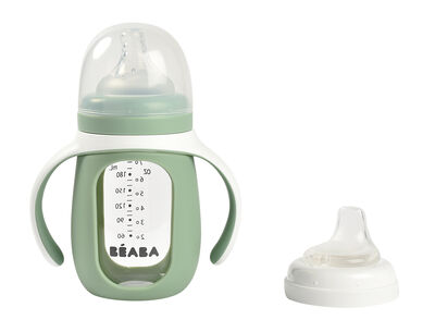 2-in-1 learning glass bottle with silicone cover sage green