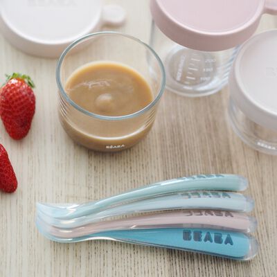 Lot de 4 cuill&egrave;res 1er &acirc;ge silicone Eucalyptus/Bleu/Rose/Gris