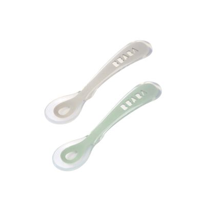 Lot 2 cuill&egrave;res 2&egrave;me &acirc;ge silicone avec boite de transport Vert sauge/Gris velours