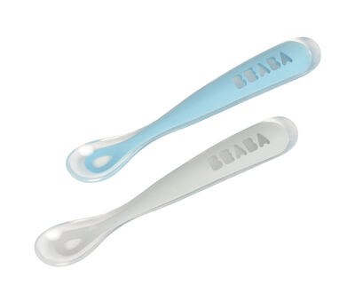 1st stage 2 silicone spoon set + carry box grey/blue