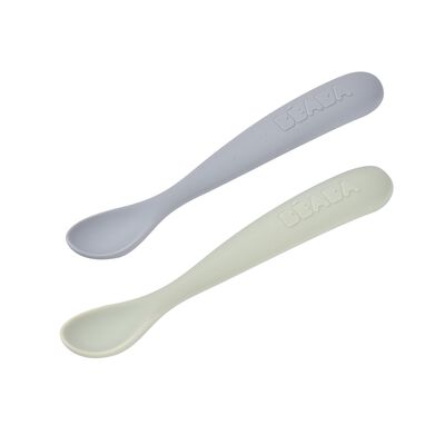 Set di 2 cucchiai in silicone 1&deg; stadio + scatola per il trasporto - Ciottolo / Verde di grigio 