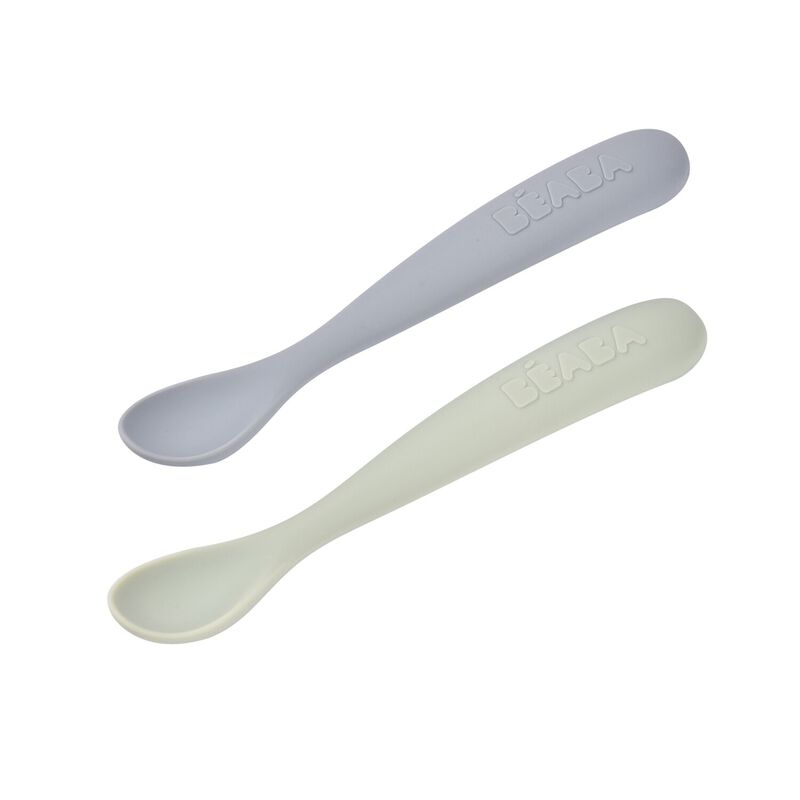 Set di 2 cucchiai in silicone 1&deg; stadio + scatola per il trasporto - Ciottolo / Verde di grigio 