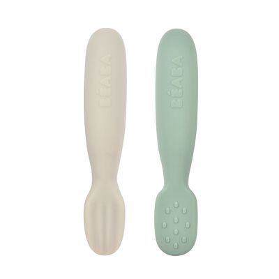 Lot 2 pr&eacute;-cuill&egrave;res d'apprentissage silicone Vert sauge/Gris velours