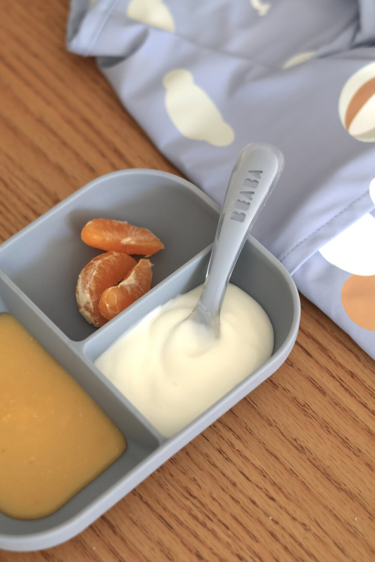 Set repas Silicone - Assiette compartiment&eacute;e et cuill&egrave;re 2&egrave;me &acirc;ge Galet