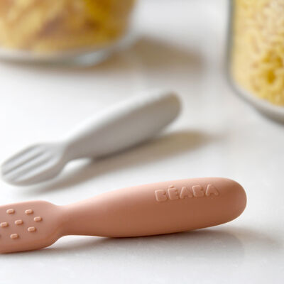 Lot 2 pr&eacute;-cuill&egrave;res d'apprentissage silicone Terracotta/Gris velours