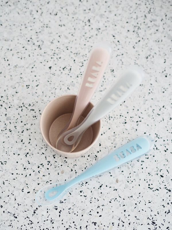 1st stage 2 silicone spoon set + carry box grey/blue