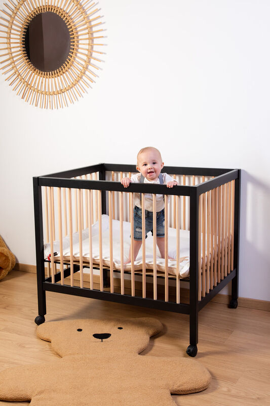 Playpen 97 + Wheels - 95x75 Cm - Wood – Black / Naturel