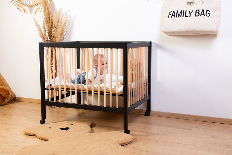 Playpen 97 + Wheels - 95x75 Cm - Wood – Black / Naturel