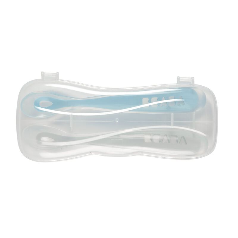 1st stage 2 silicone spoon set + carry box grey/blue