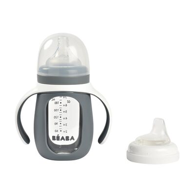 Biberon d'apprentissage en verre 2 en 1 - 210ml Gris min&eacute;ral 