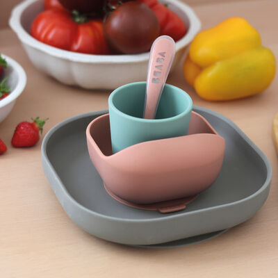 Coffret repas silicone 4 pi&egrave;ces - Min&eacute;ral/Terracotta