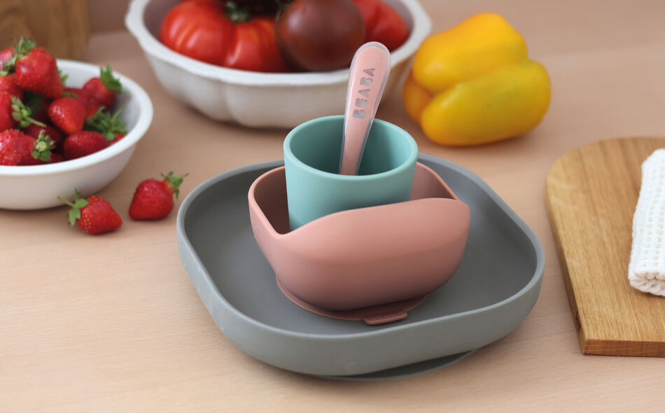 Coffret repas silicone 4 pi&egrave;ces - Min&eacute;ral/Terracotta