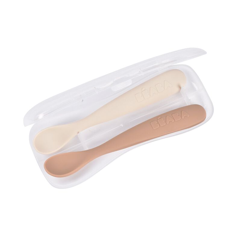 1st stage 2 silicone spoon set  + carry box - Clay / Praline