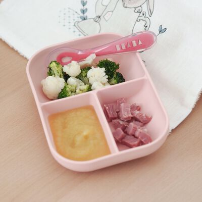 Set repas Silicone - Assiette compartiment&eacute;e et cuill&egrave;re 2&egrave;me &acirc;ge Rose