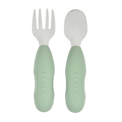 Lot 2 pr&eacute;-couverts d'apprentissage  Inox Vert sauge