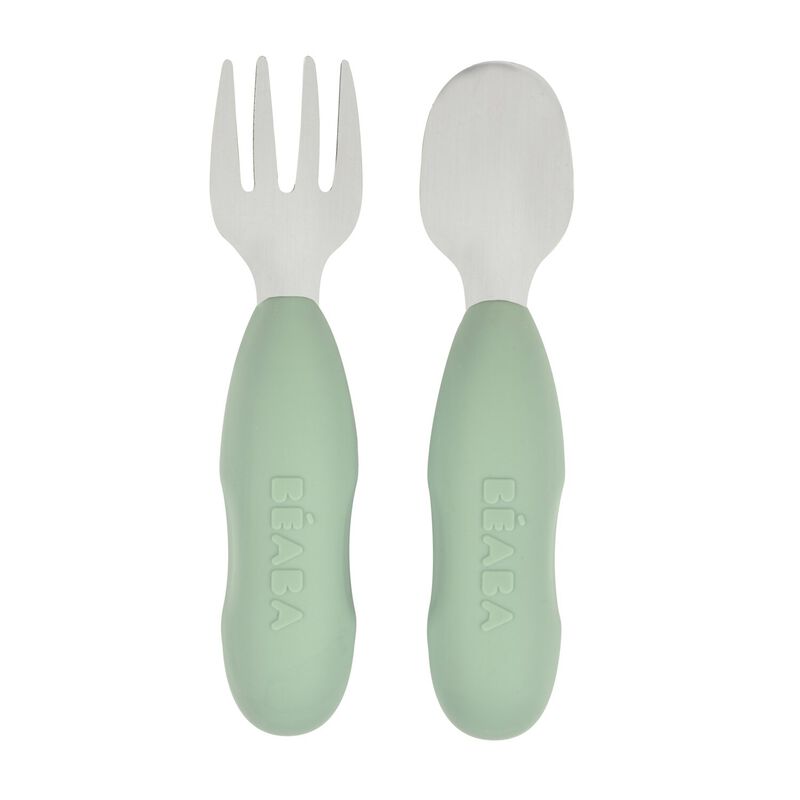 Lot 2 pr&eacute;-couverts d'apprentissage  Inox Vert sauge