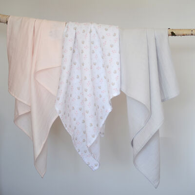 Lot de 3 langes en coton Cygne/Rose