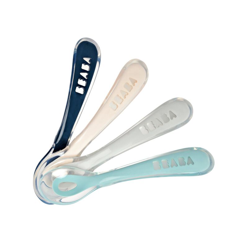 Lot 4 cuill&egrave;res 2&egrave;me &acirc;ge silicone Bleu/Rose/Gris