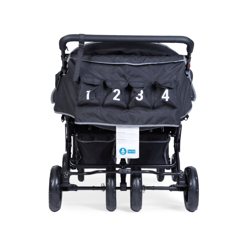 Quadruple Kinderwagen - 4 Kinder - Schwarz + Regenschutz + Sonnenschutz