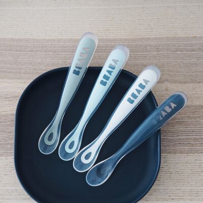 Lot de 4 cuill&egrave;res 1er &acirc;ge silicone Bleu/Gris/Eucalyptus