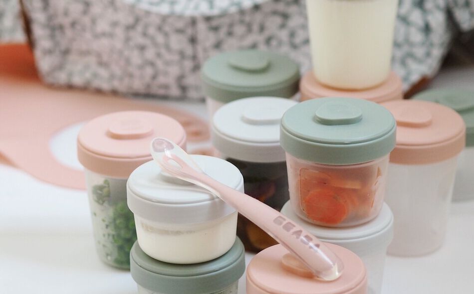 Pack premiers repas (12 portions + 2 cuill&egrave;res) Eucalyptus/Rose/Gris