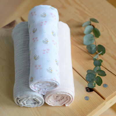 Lot de 3 langes en coton Cygne/Rose