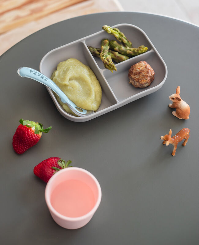 Set repas Silicone - Assiette compartiment&eacute;e et cuill&egrave;re 2&egrave;me &acirc;ge Gris