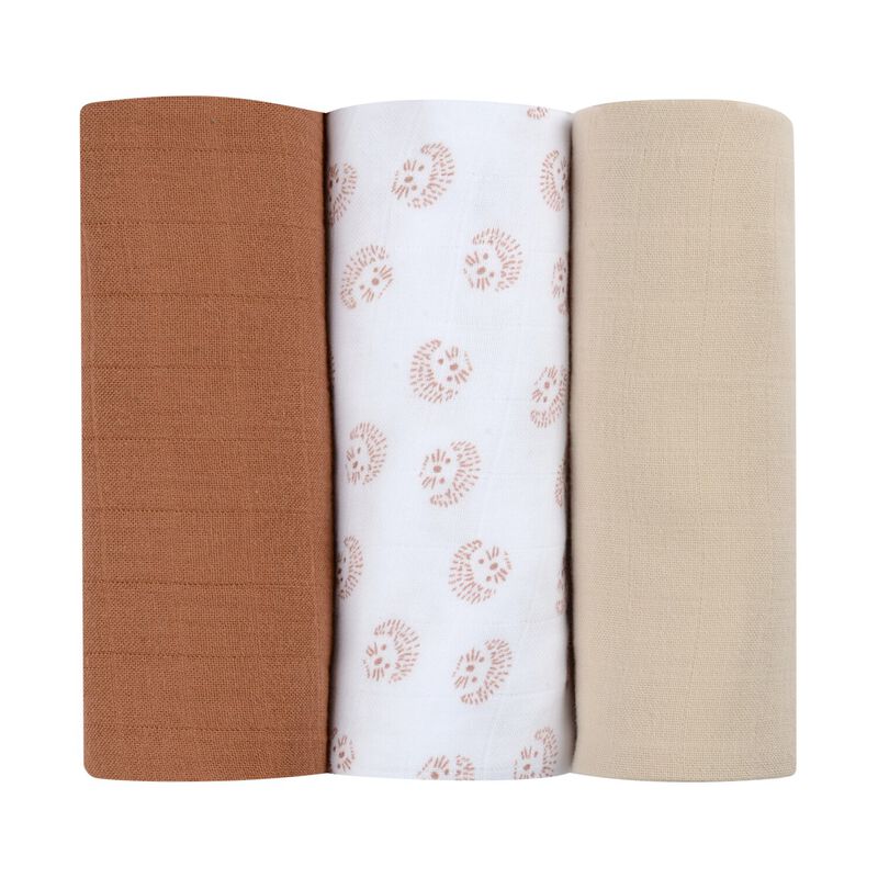 Set of 3 Cotton Muslin Swaddle Blankets hedgehog