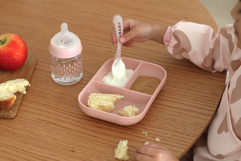 Set repas Silicone - Assiette compartiment&eacute;e et cuill&egrave;re 2&egrave;me &acirc;ge Barbe &agrave; Papa