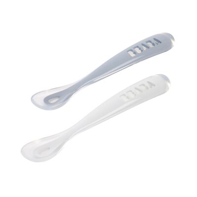 Set di 2 cucchiai in silicone 1&deg; stadio + scatola per il trasporto - Duo ghiaia / blu nuvola