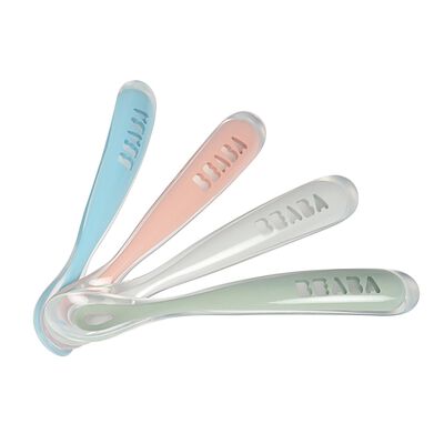Lot de 4 cuill&egrave;res 1er &acirc;ge silicone Eucalyptus/Bleu/Rose/Gris