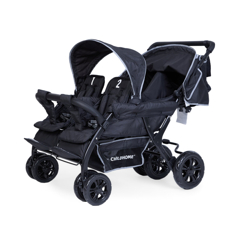 Quadruple Kinderwagen - 4 Kinder - Schwarz + Regenschutz + Sonnenschutz