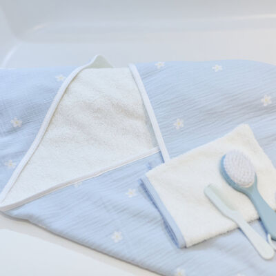 Cape De Bain + Gant - 80x80 Cm - Mousseline Fleur - Bleue
