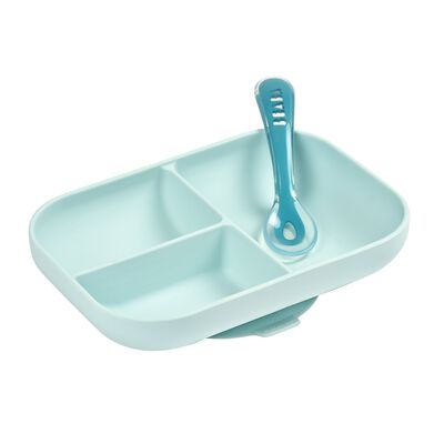 Béaba - Set repas Silicone - Assiette compartimentée et cuillère 2ème âge Bleu