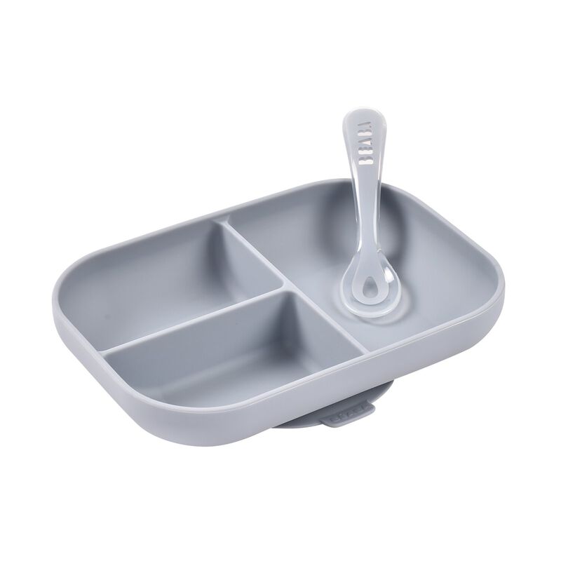 Set repas Silicone - Assiette compartiment&eacute;e et cuill&egrave;re 2&egrave;me &acirc;ge Galet