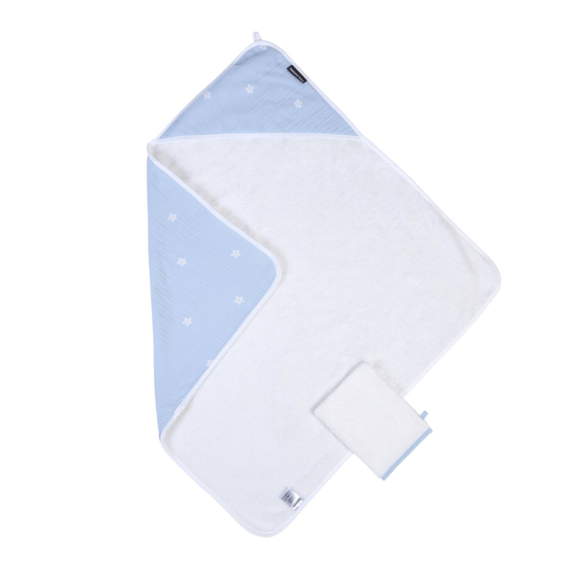 Cape De Bain + Gant - 80x80 Cm - Mousseline Fleur - Bleue