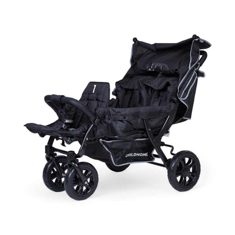 Dreisitzer Kinderwagen - 3 Kinder - Schwarz  + Regenschutz + Sonnenschutz