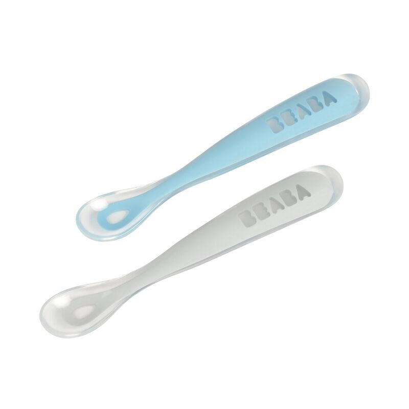 1st stage 2 silicone spoon set + carry box grey/blue