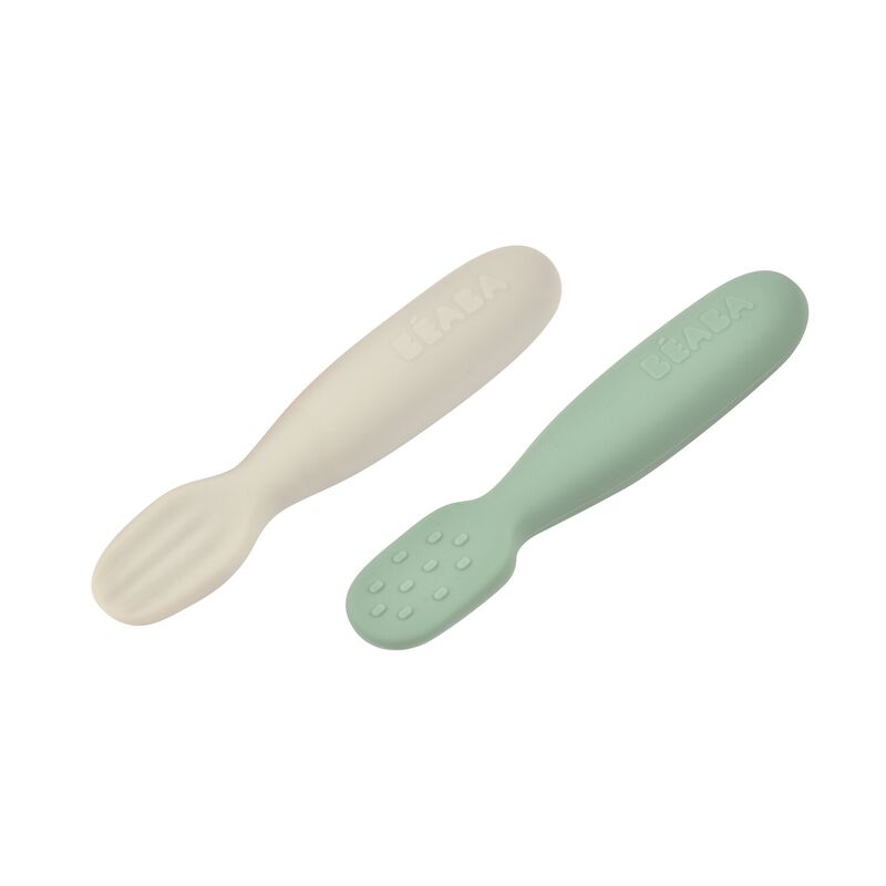 Lot 2 pr&eacute;-cuill&egrave;res d'apprentissage silicone Vert sauge/Gris velours