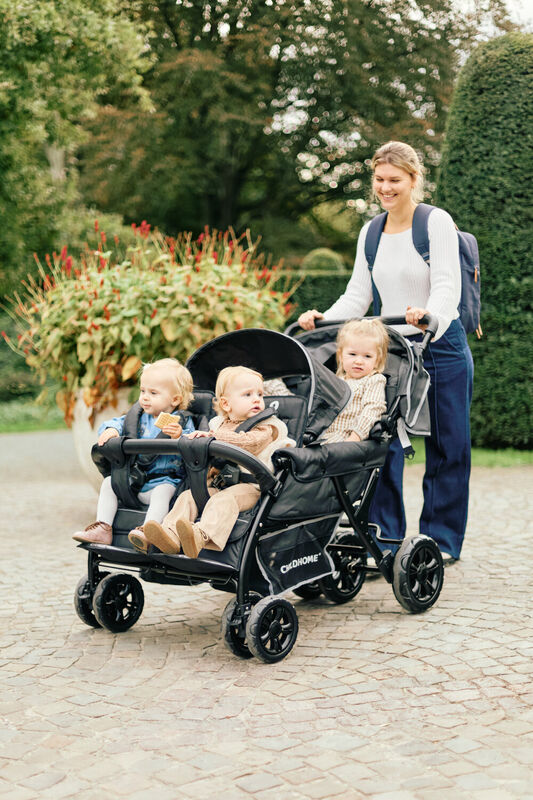 Quadruple Kinderwagen - 4 Kinder - Schwarz + Regenschutz + Sonnenschutz