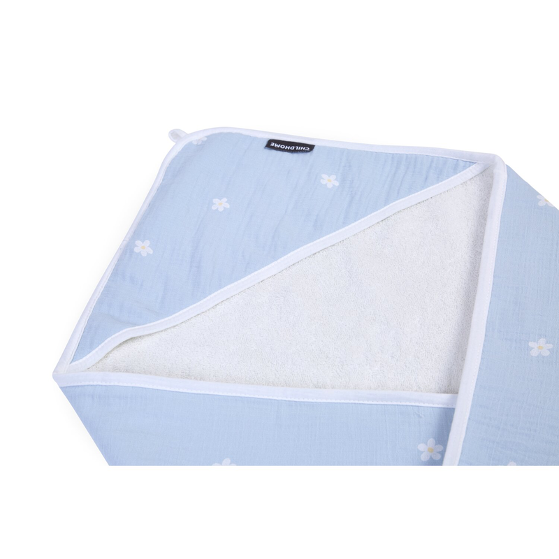Cape De Bain + Gant - 80x80 Cm - Mousseline Fleur - Bleue