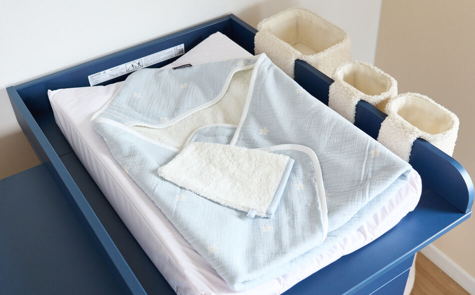 Cape De Bain + Gant - 80x80 Cm - Mousseline Fleur - Bleue
