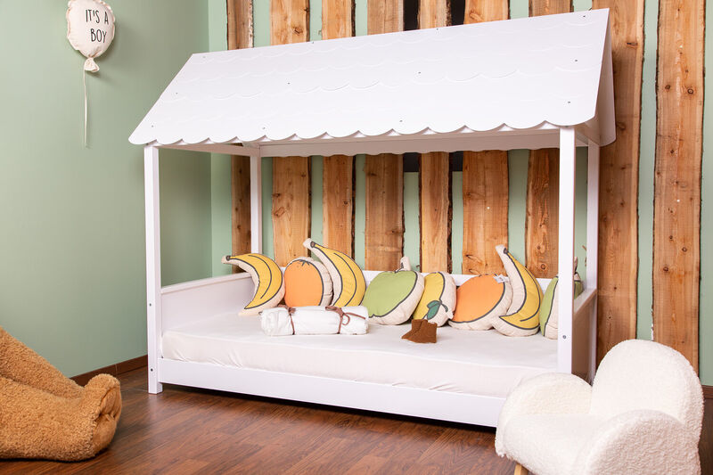 Hausbett Mit Dach - 90x200 Cm - Holz - Wei&szlig;