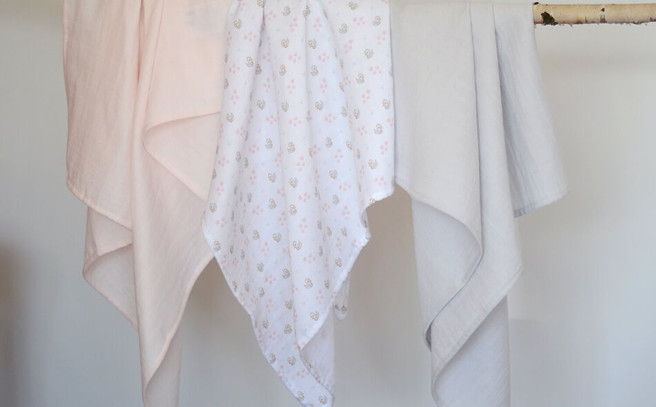Lot de 3 langes en coton Cygne/Rose