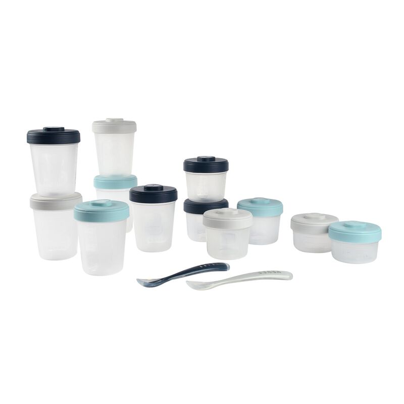 Pack premiers repas (12 portions + 2 cuillères) Bleu/Gris (Béaba) - Image 1